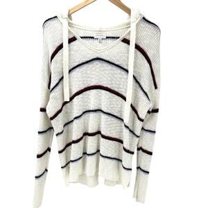 Lucky Brand Cream Knit Hoodie with Navy and Burgundy Stripes